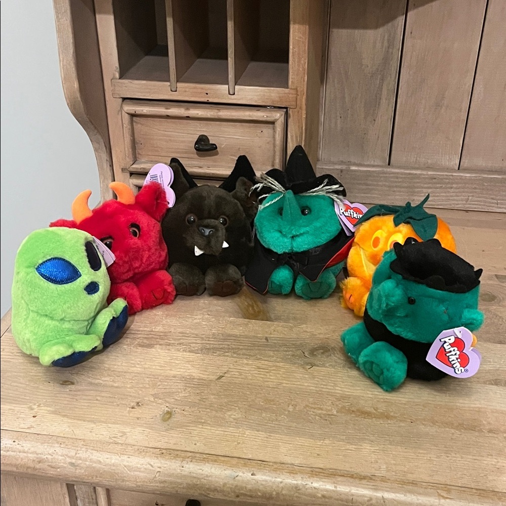 Lot of 6 Halloween Puffkins Plush Bat Pumpkin Alien Devil Frankenstein Witch